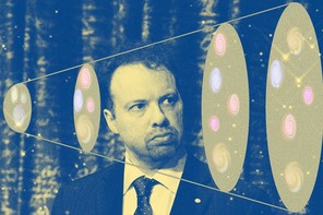 Photo illustration with Adam Riess behind a schematic representation of the standard model of cosmology