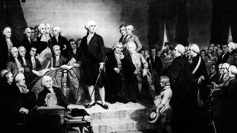 President George Washington delivers his inaugural address in the Senate Chamber of Old Federal Hall in New York on April 30, 1789.