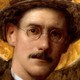 painting-style illustration of Joyce wearing brown hat, round wire spectacles, and brown suit, with golden halo-like circle around his head