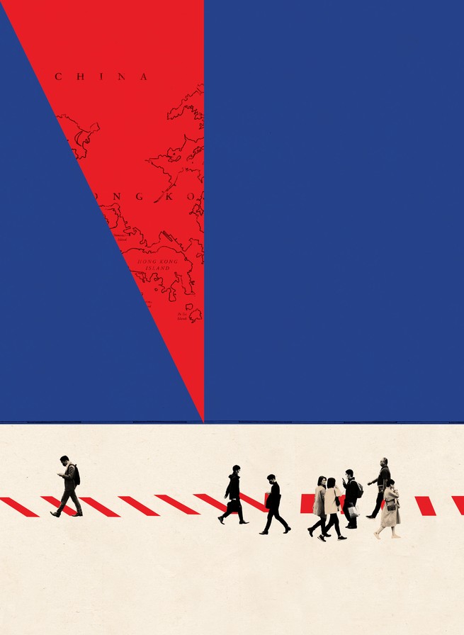Illustration of photos of people walking on red-barred crosswalk with red map slicing through blue background