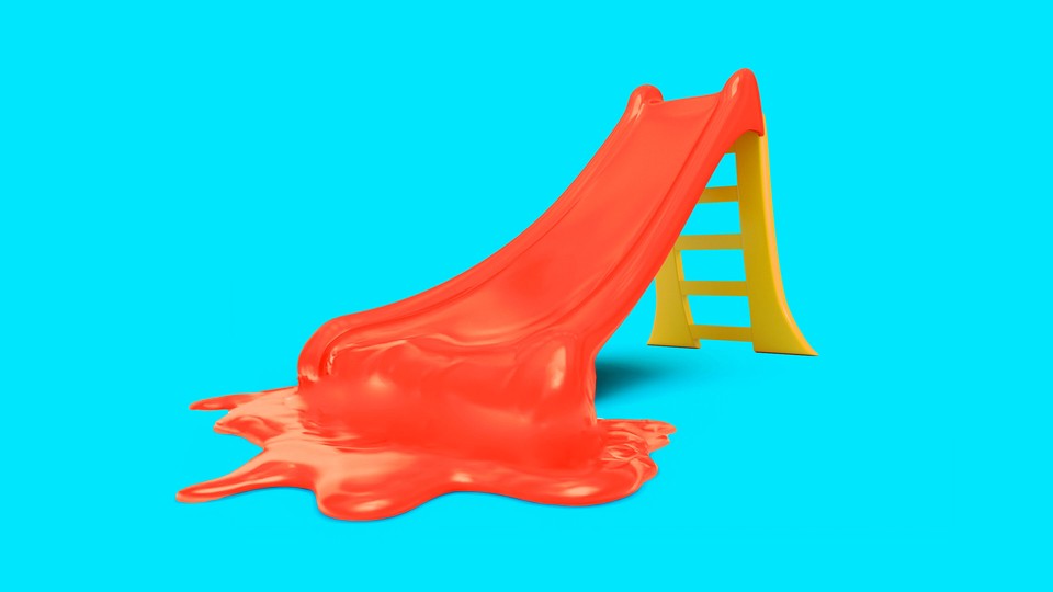 A graphic illustration of a red plastic play slide, with the bottom of it melting into a puddle.