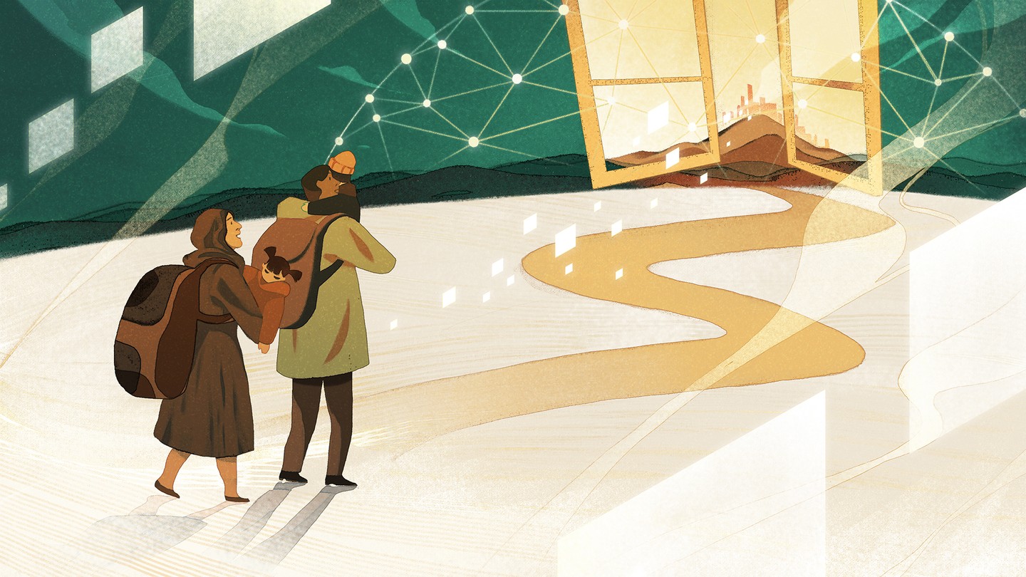 an illustration of a refugee family walking a path toward a city