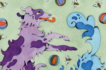 illustration of playful purple dog and blue dog romping with tongues out, surrounded by striped balls and bees