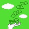 illustration of hand with stack of cash blowing away in the wind, with white clouds on bright green background