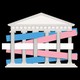 An illustration of the Supreme Court building with the colors of the trans flag woven through its columns.