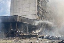 Smoke rises from a damaged building following a Russian airstrike in the city of Vinnytsia