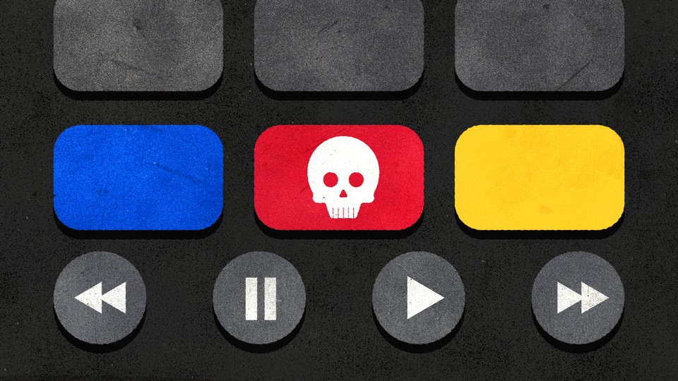 A TV remote that has a button with a skull on it, representing on-demand death.