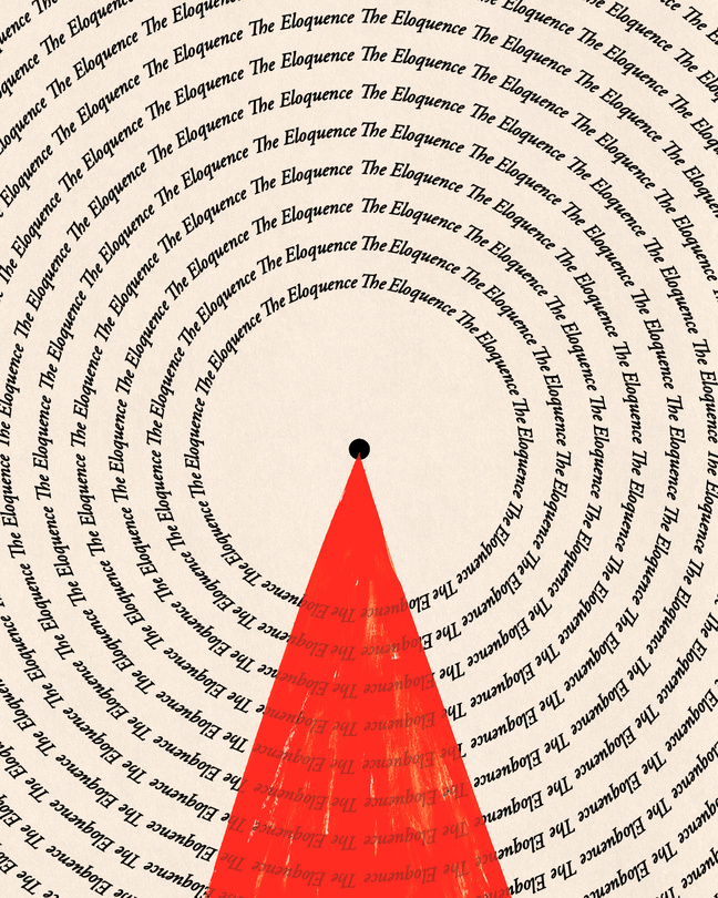 Illustration with typewritten 'The Eloquence' repeated over and over in concentric circles around a central black point with a red triangular beam emanating from it to the bottom