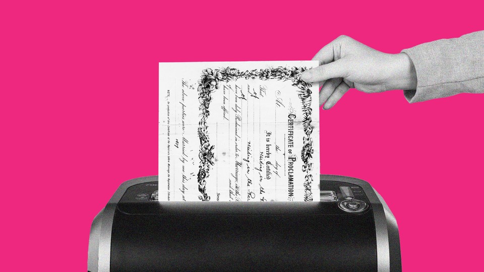 A marriage certificate going in a shredder