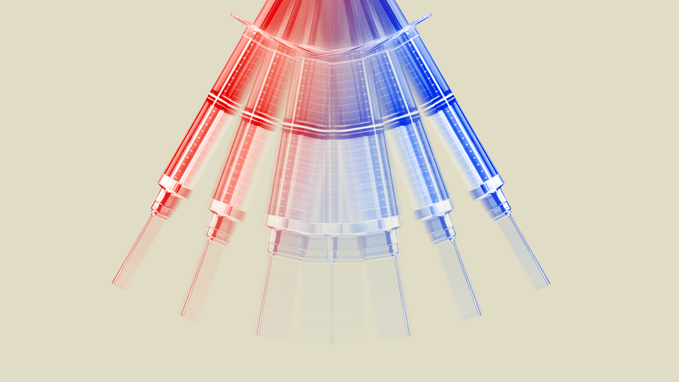 A vaccine syringe swings back and forth between red and blue.