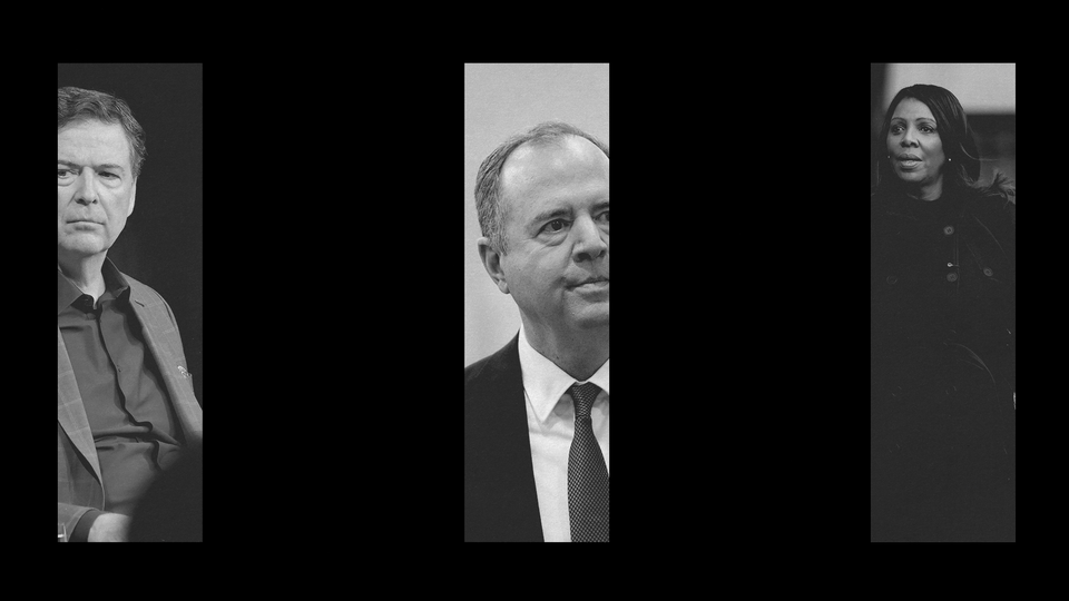 black and white collage of James Comey, Adam Schiff, and Letitia James