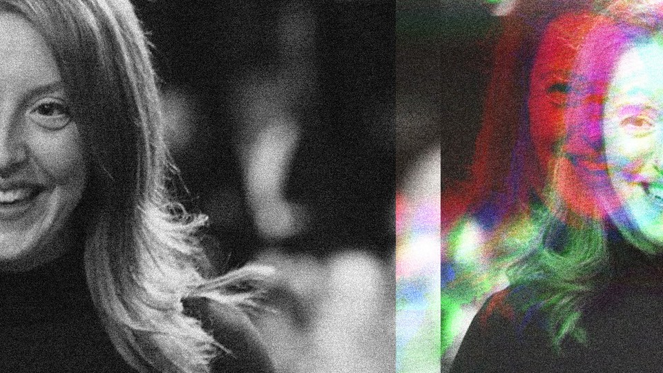 Collage of a black-and-white photo of Casey Means, overlaid with a version in rainbow colors