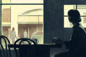 A woman sitting at a table inside a cafe, looking out the window at two adults and a child walking to car