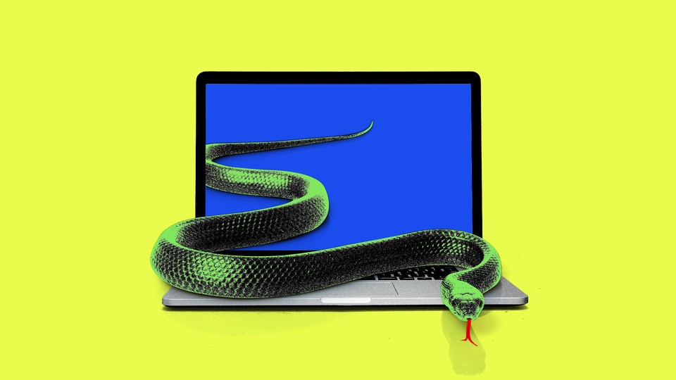 Art of a snake crawling out of a laptop