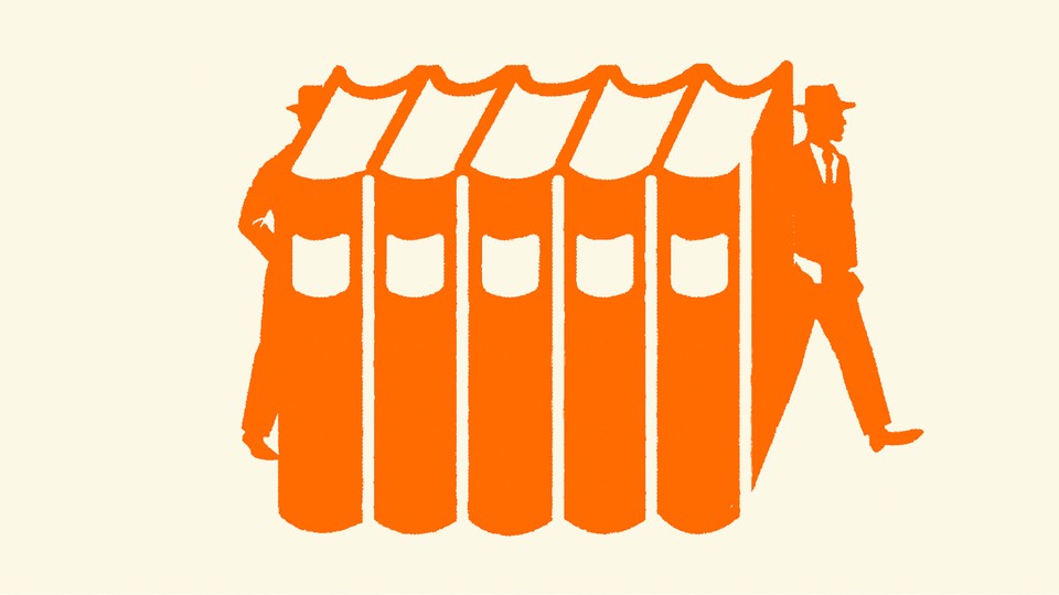 An orange illustration of a stack of books and two men walking next to them