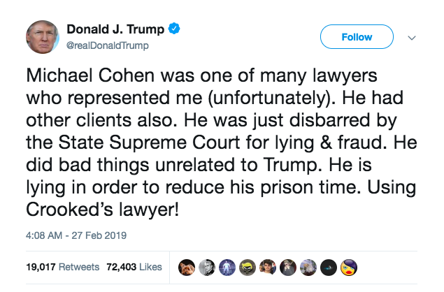 Donald Trump tweets: "Michael Cohen was one of many lawyers who represented me (unfortunately)."