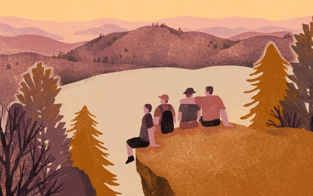 A group of four friends set on a cliff overlooking a lake in the woods