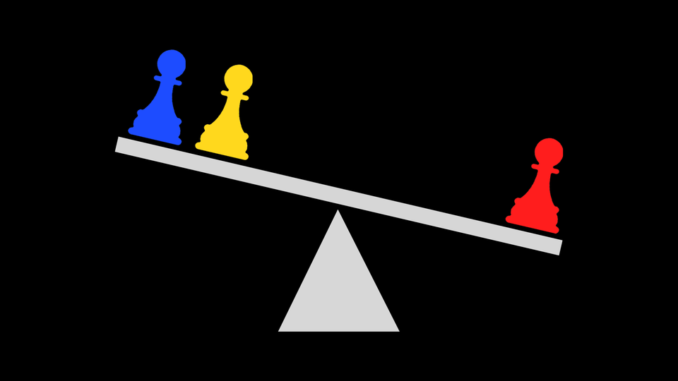 A single red pawn on one end of a seesaw scale outweighs two pawns on the other end, one blue and one yellow.
