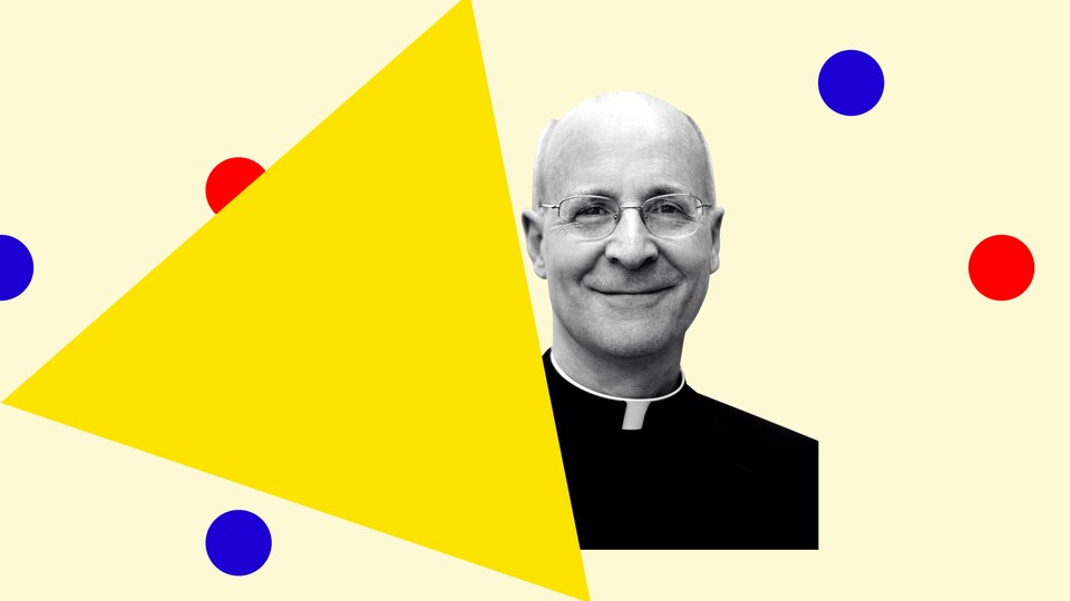 Father James Martin in black-and-white with colorful geometric shapes around him