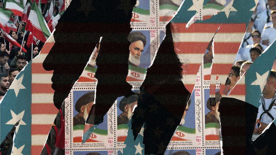 Montage of Trump, image of Iran