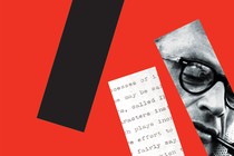 rectangular details of black-and-white photo of Miller and typewritten letter with black rectangle on red background