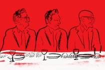 Sketch of three men in profile sitting at table set with plates and wine glasses on red background