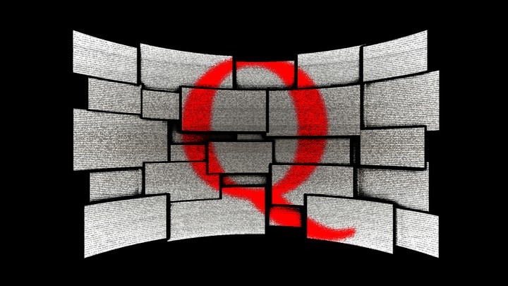 An illustration of newspaper print and the letter Q