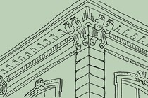 illustration of a building's ornately corniced roofline and windows