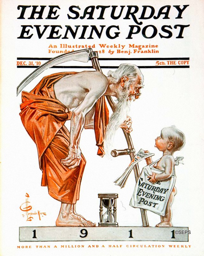 An illustration of a Saturday Evening Post cover with an old man and an infant.