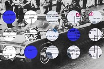 Photo of John F. Kennedy’s convertible with holes punched in it, revealing a government form behind it