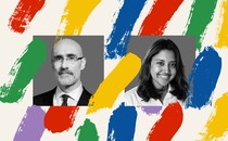 Side-by-side black-and-white portraits of "How To" Season 3 producer Rebecca Rashid (right) and host Arthur Brooks (left), surrounded by rainbow brush strokes