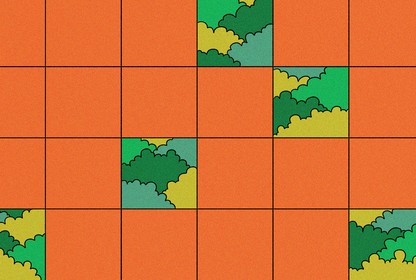 Five squares of an otherwise orange gird reveal trees in a forest