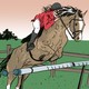 An illustration of a rider jumping a horse over a hurdle that looks like a syringe