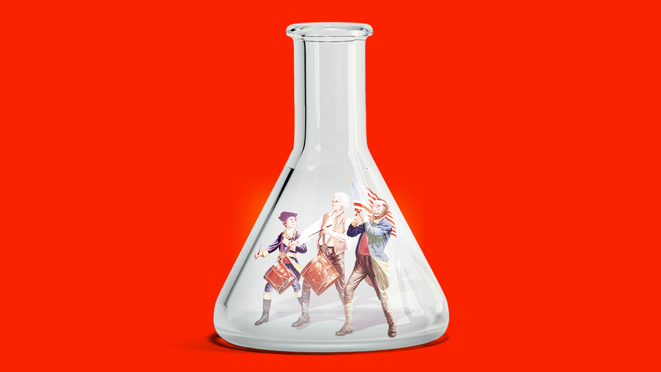 Illustration of a beaker with American revolutionaries inside