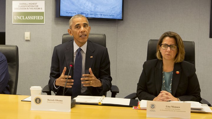 President Obama and Lisa Monaco, his top homeland security adviser, attend a briefing at the Federal Emergency Management Agency