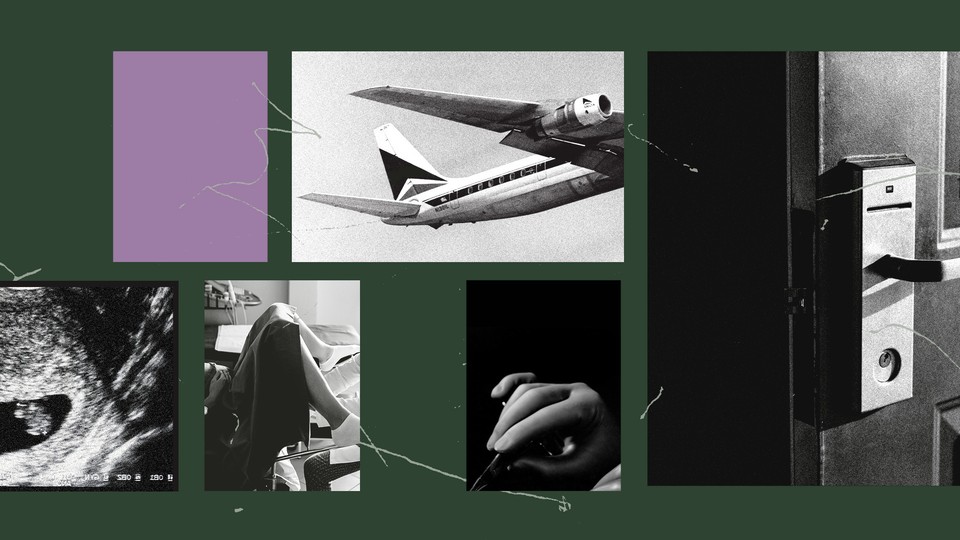 Collage of an ultrasound, a plane, patient with feet in gynecological stirrups, and a hotel door