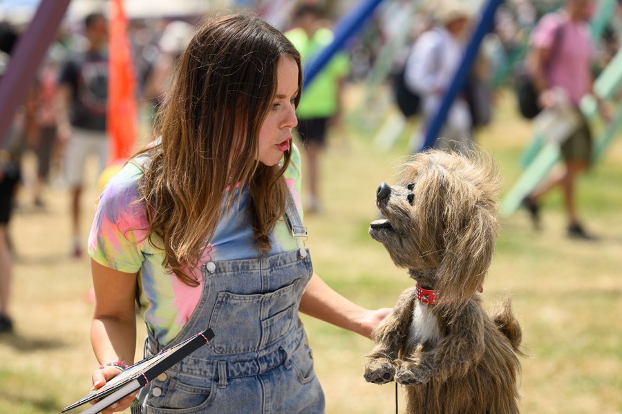 A person speaks with a puppet dog.
