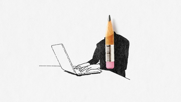 A person with a pencil nub for a head typing on a laptop