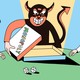 Illustration of a devil playing Monopoly with two sad-looking people.