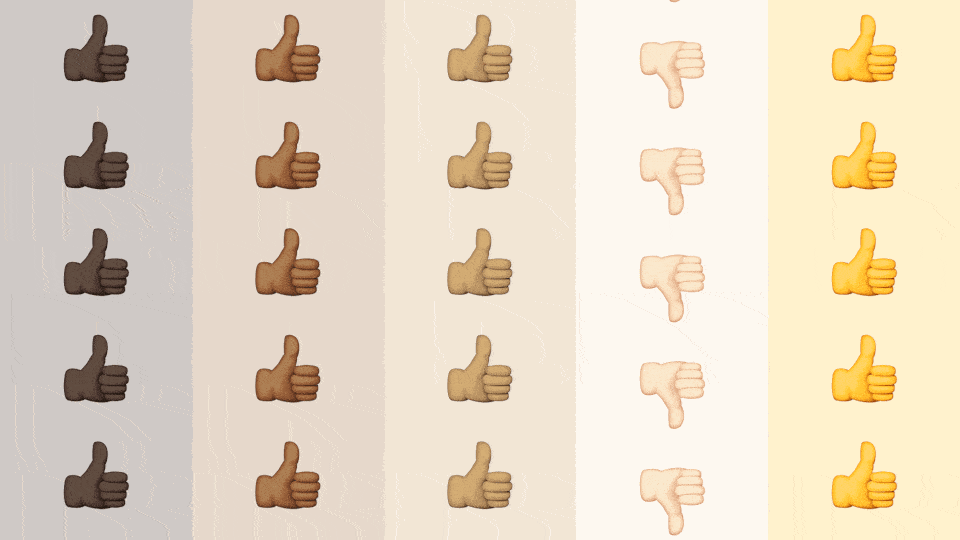Moving rows of the thumbs-up emoji in yellow and dark skin tones interrupted by a row of white-skin-tone thumbs-down emoji
