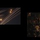 Collage of pictures of airstrikes and a crowded street with an ambulance