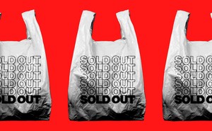 A line of plastic bags with "sold out" printed on them