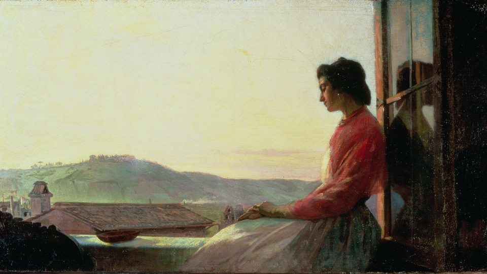 A painting of a woman sitting in a window