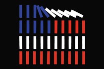 Four rows of red, white, and blue vertical bars in pattern of U.S. flag, with top row collapsing to the left like dominoes