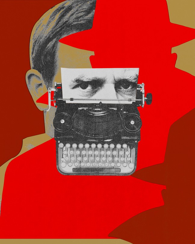 A photo illustration of a typewriter, with the silhouette of a person in a trench coat and hat and John le Carré's eyes.