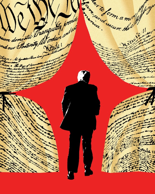 Illustration of Trump walking through the Constitution, as if they are curtains being pulled apart