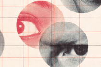 Photo-illustration of circular red and black photos of many different eyes watching, with grid overlay.