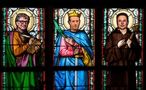 Illustration of Bill Gates, Mark Zuckerberg, and Elon Musk as stained-glass saints