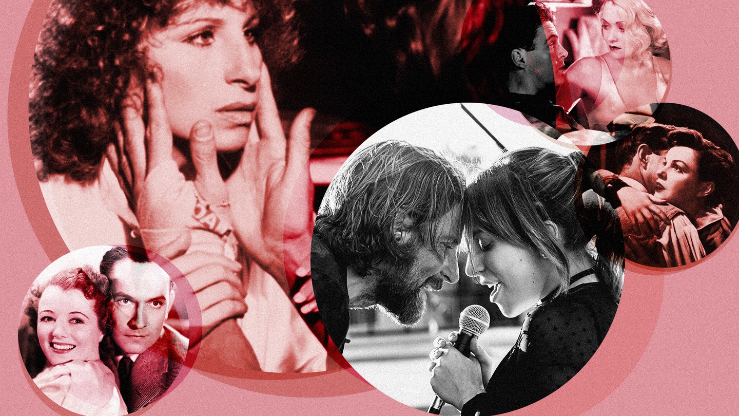(<i>Clockwise from bottom left</i>) The film's leads over the years: Janet Gaynor and Fredric March (1937), Barbra Streisand and Kris Kristofferson (1976), Neil Hamilton and Constance Bennett (1932; <em>What Price Hollywood?</em>), Judy Garland and James Mason (1954), and Bradley Cooper and Lady Gaga (2018)