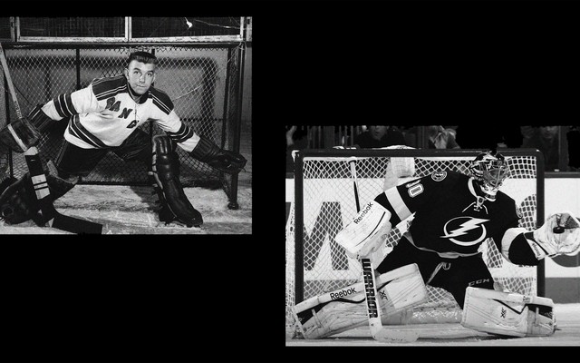 A hockey goalie shown from an earlier era has much smaller equipment than today's goalies